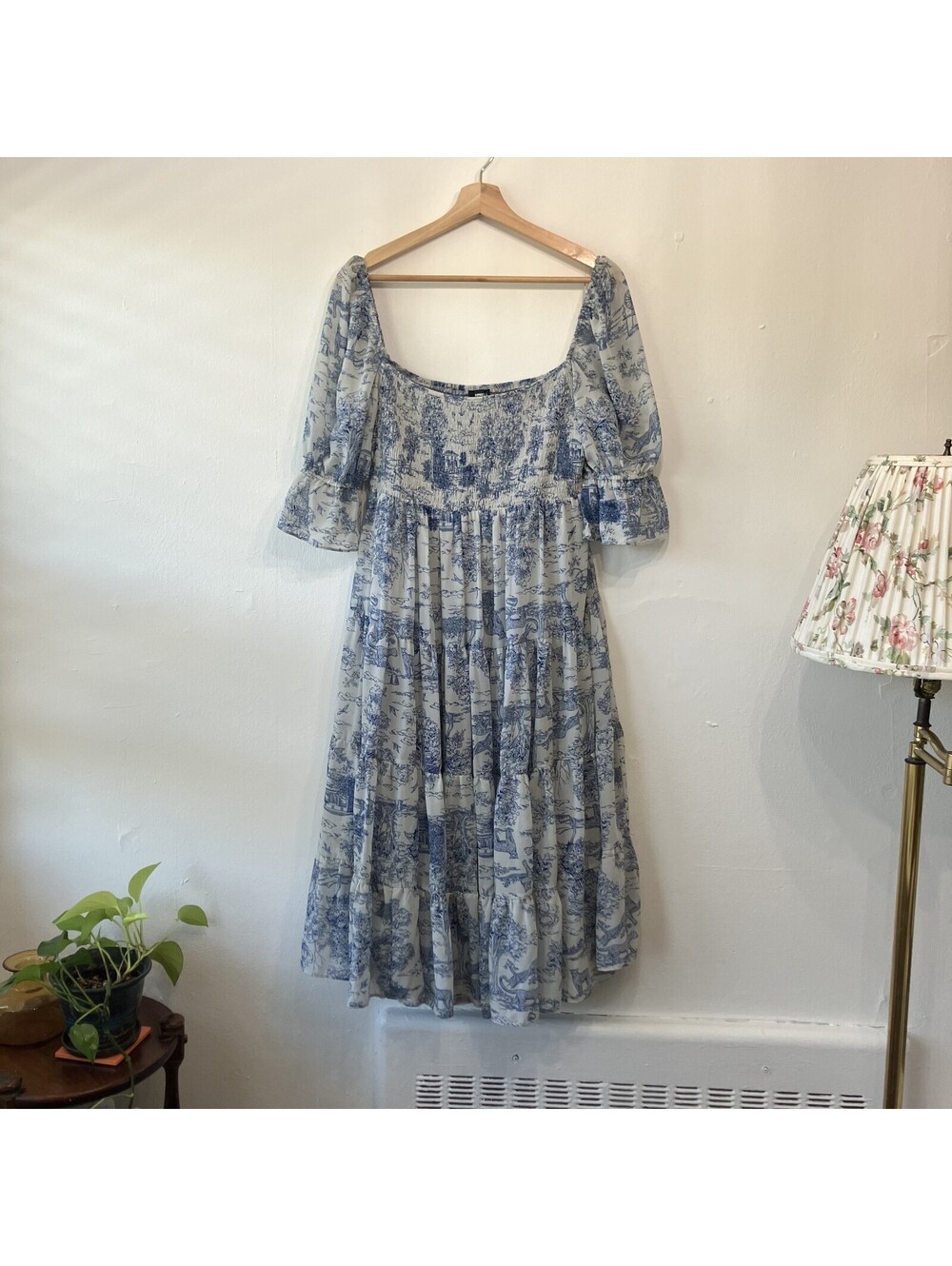 Flowy Cottage Coquette Babydoll Puff Sleeve Tiered Midi Dress Romantic Large